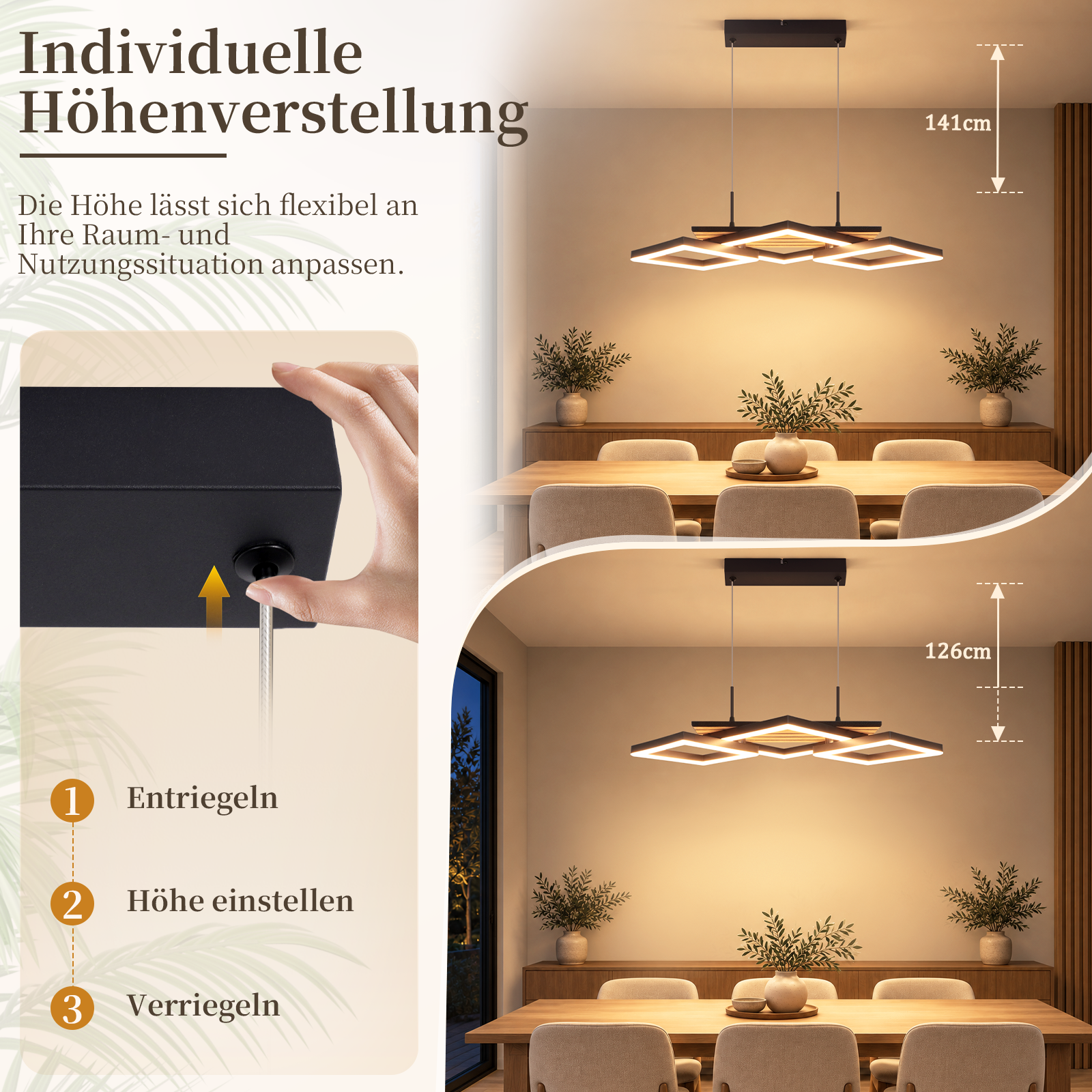 Diagrama que muestra la altura ajustable de una lámpara colgante sobre una mesa.
