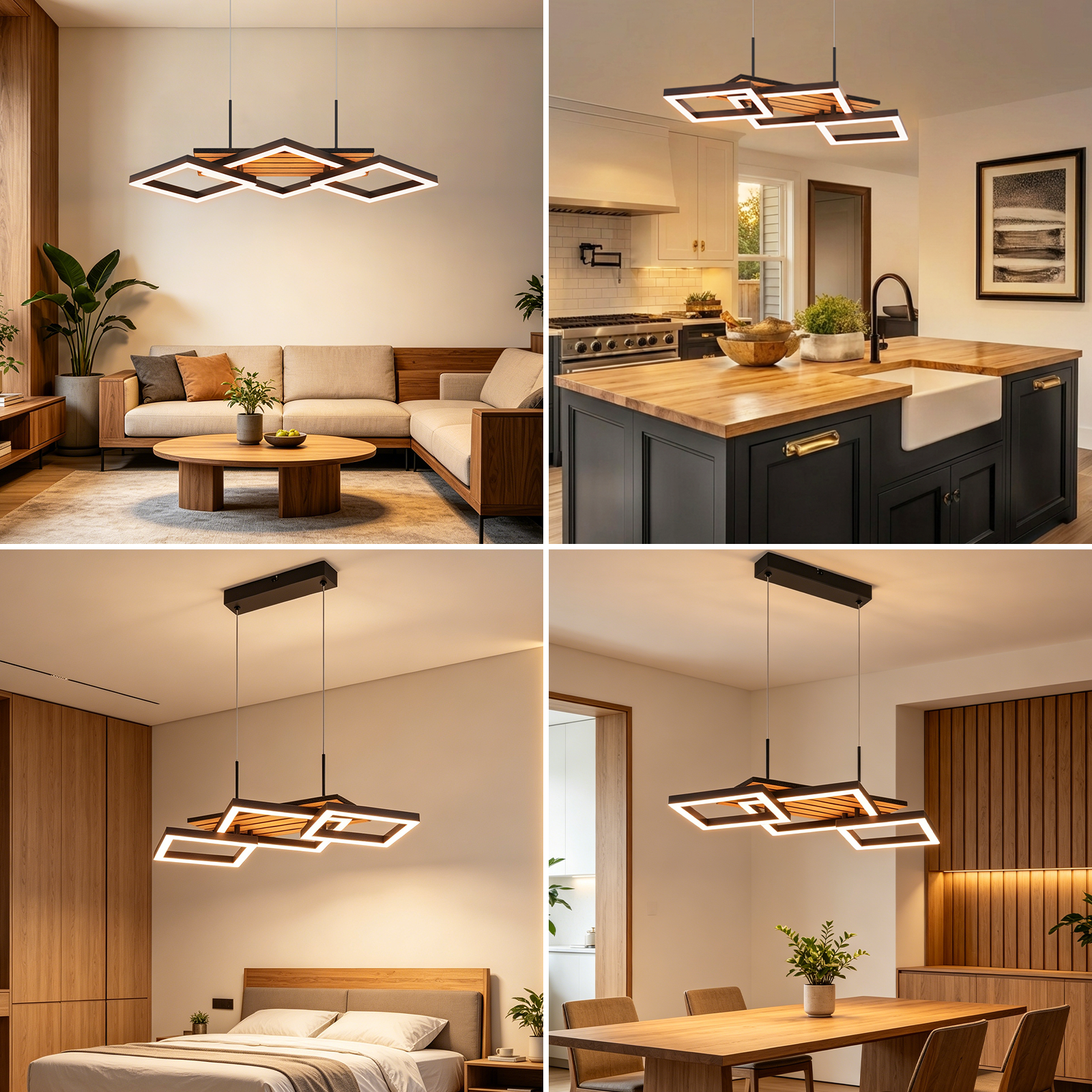 Lámpara colgante moderna con elementos de iluminación cuadrados en varios interiores.