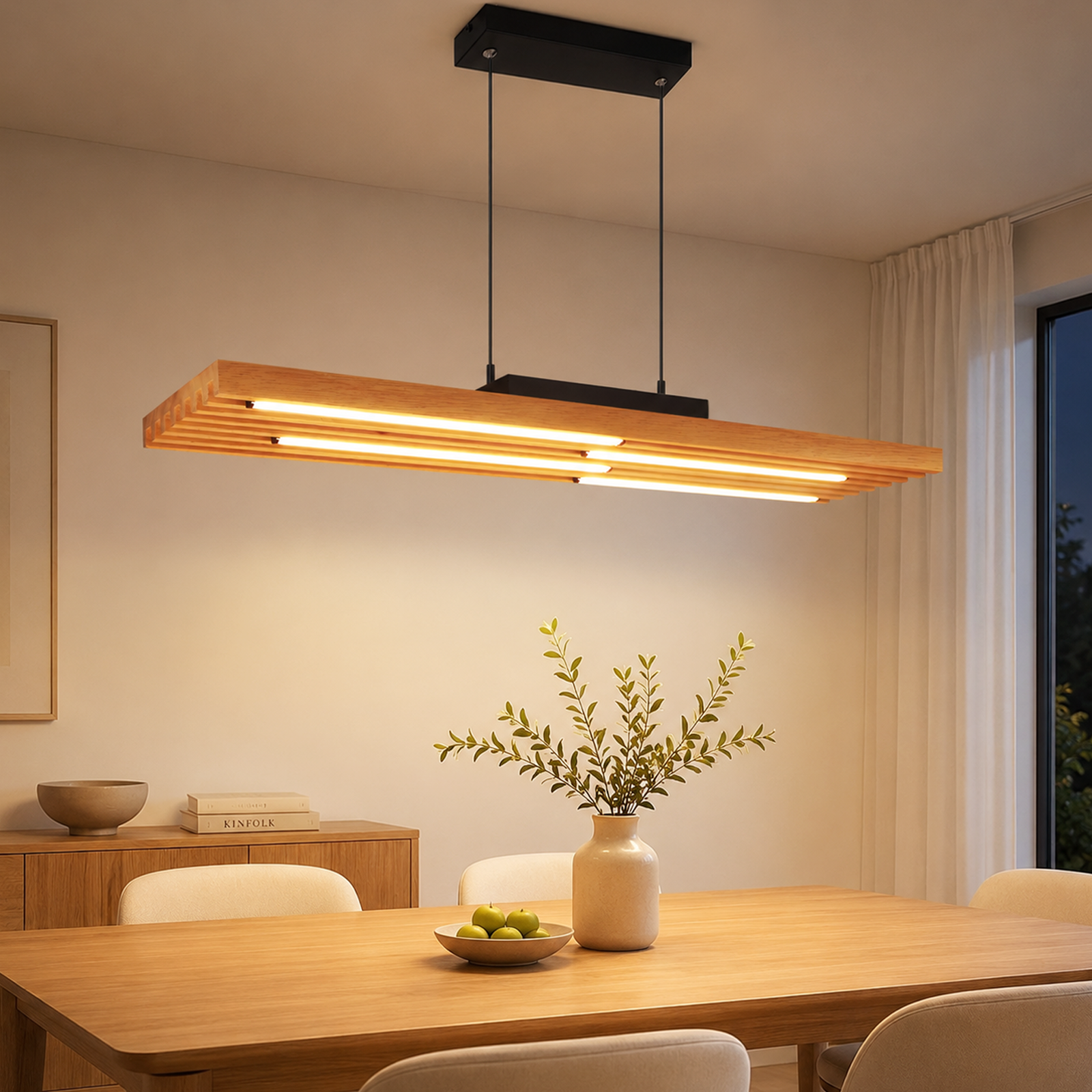 Una lámpara colgante de madera rectangular ilumina una mesa de comedor con jarrones y sillas.