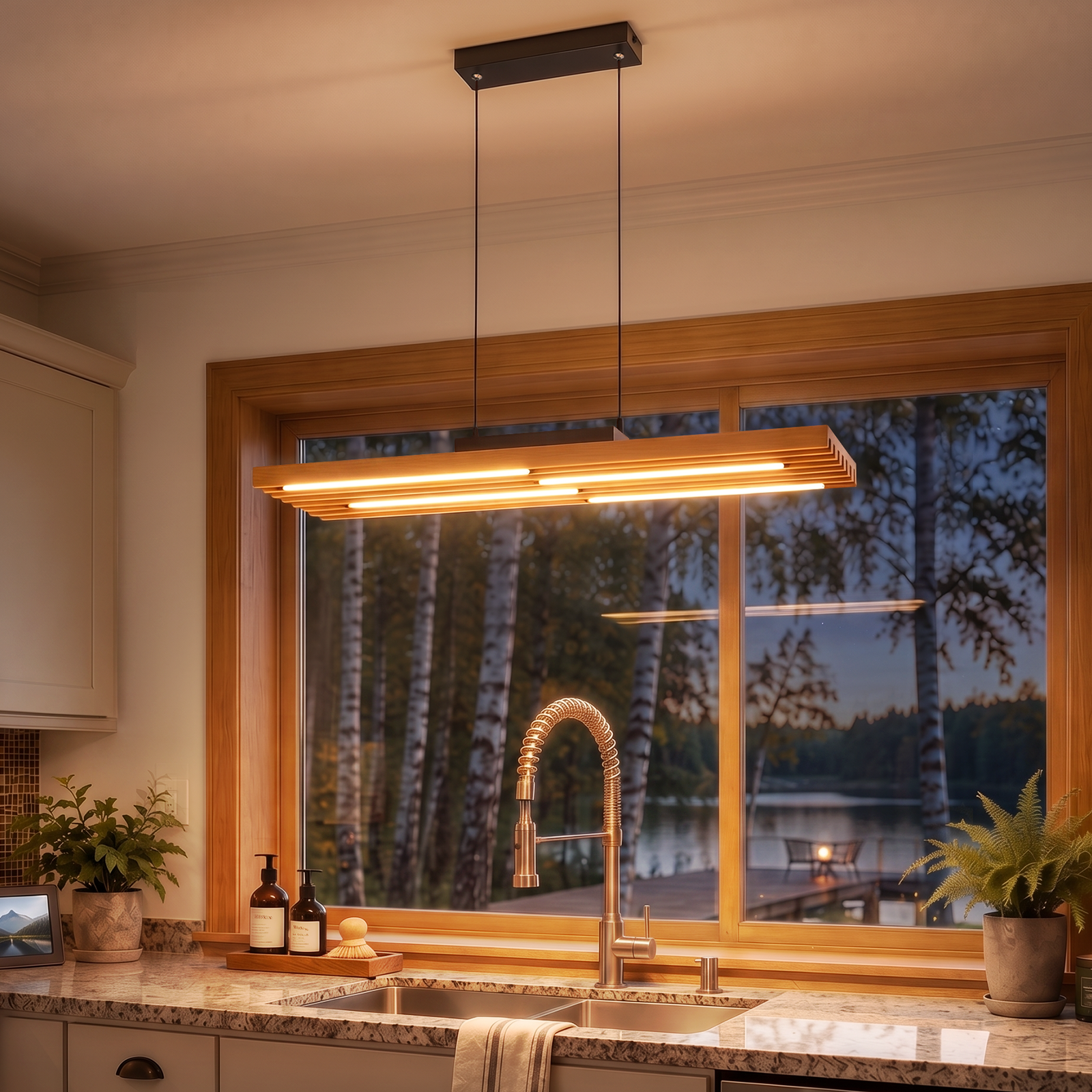 Fregadero con grifo de metal, lámpara de madera colgando y ventana con vista a un bosque y lago.
