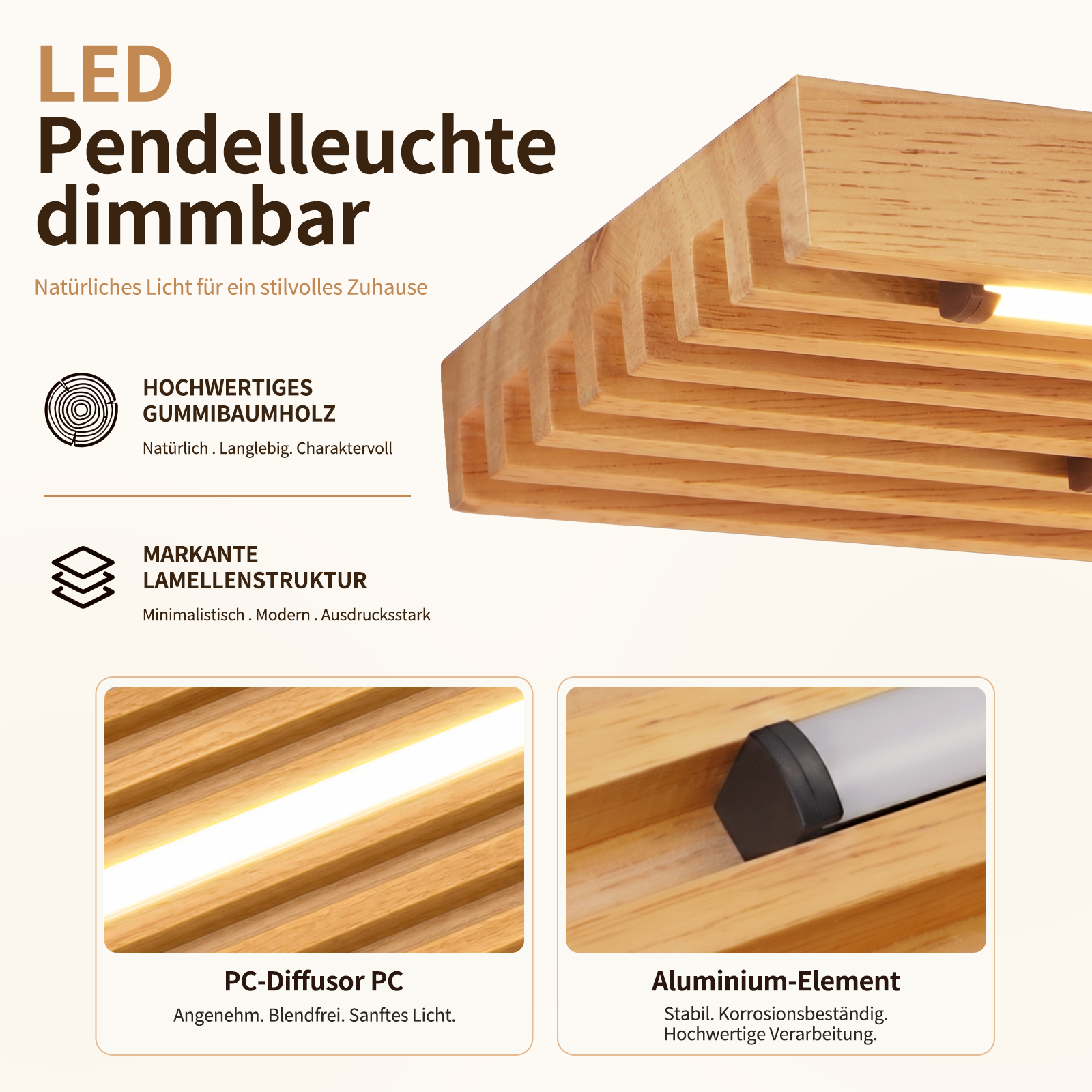 Lámpara colgante LED de madera regulable con estructura de lamas, difusor de PC y elemento de aluminio.