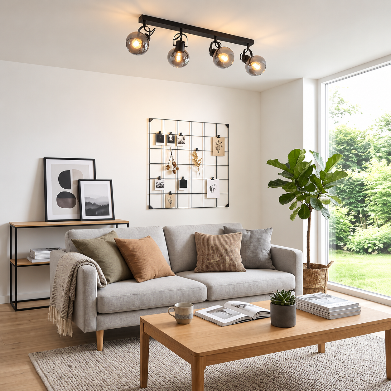 Salón moderno con sofá claro, mesa de madera, plantas y lámpara de techo junto a un gran ventanal.