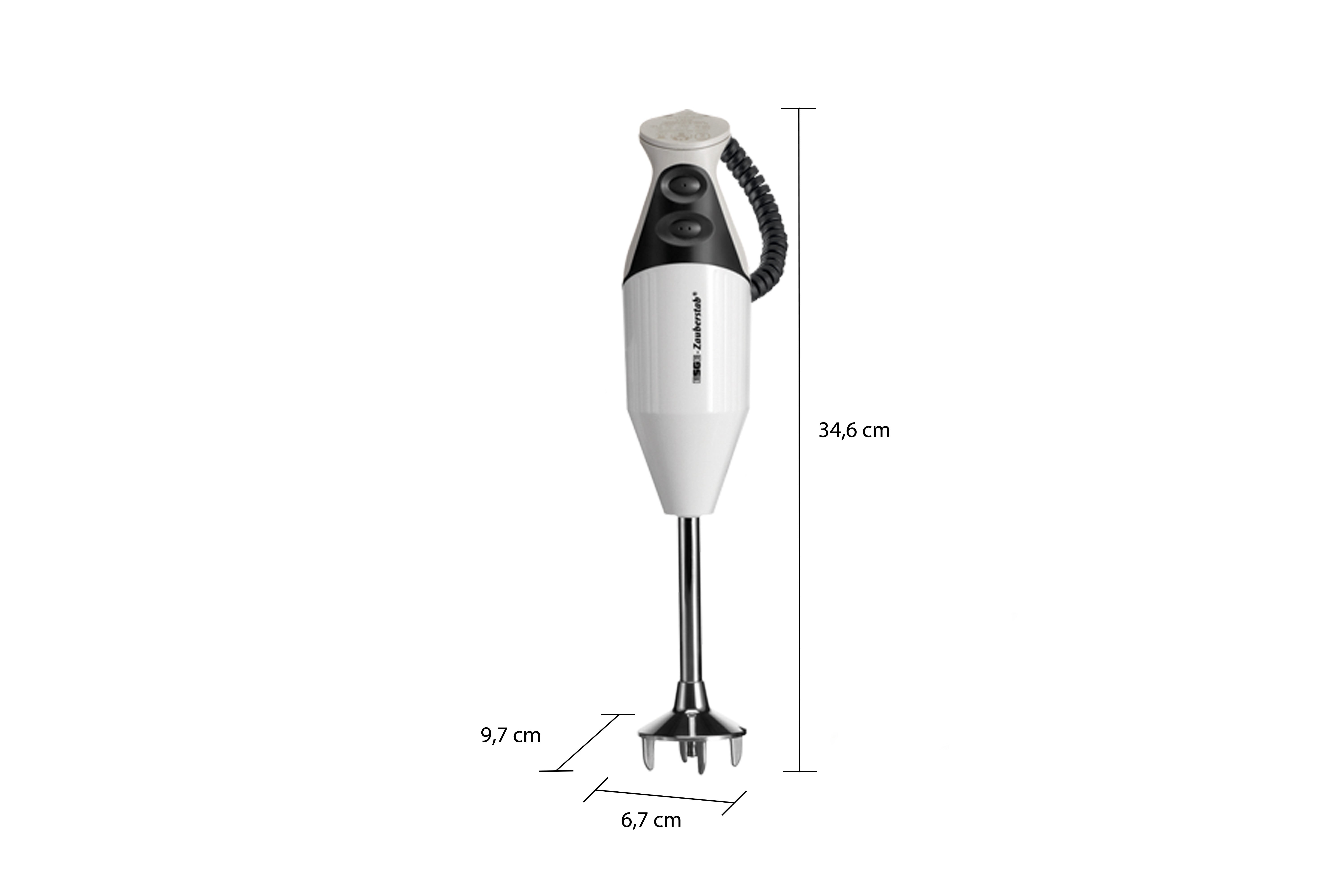 Biały blender ręczny o wymiarach 34,6 cm wysokości, 9,7 cm i 6,7 cm szerokości na białym tle.