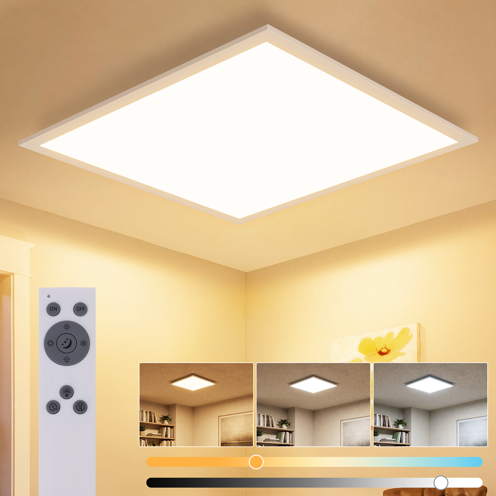 Lámpara de techo LED cuadrada con control remoto y tres temperaturas de luz en una habitación amarilla.