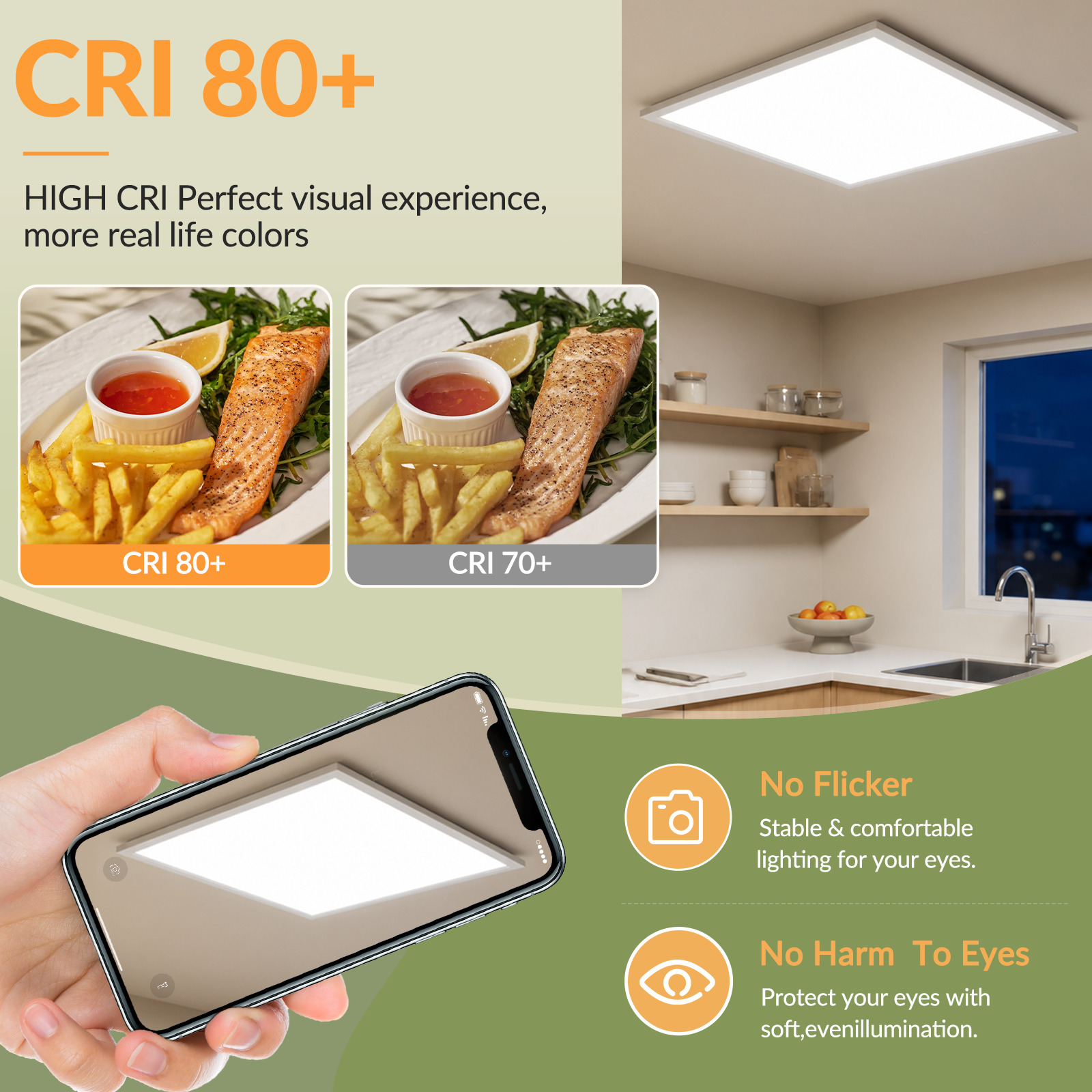 Luz de techo LED con alta reproducción cromática, luz sin parpadeos y control por teléfono en una cocina.