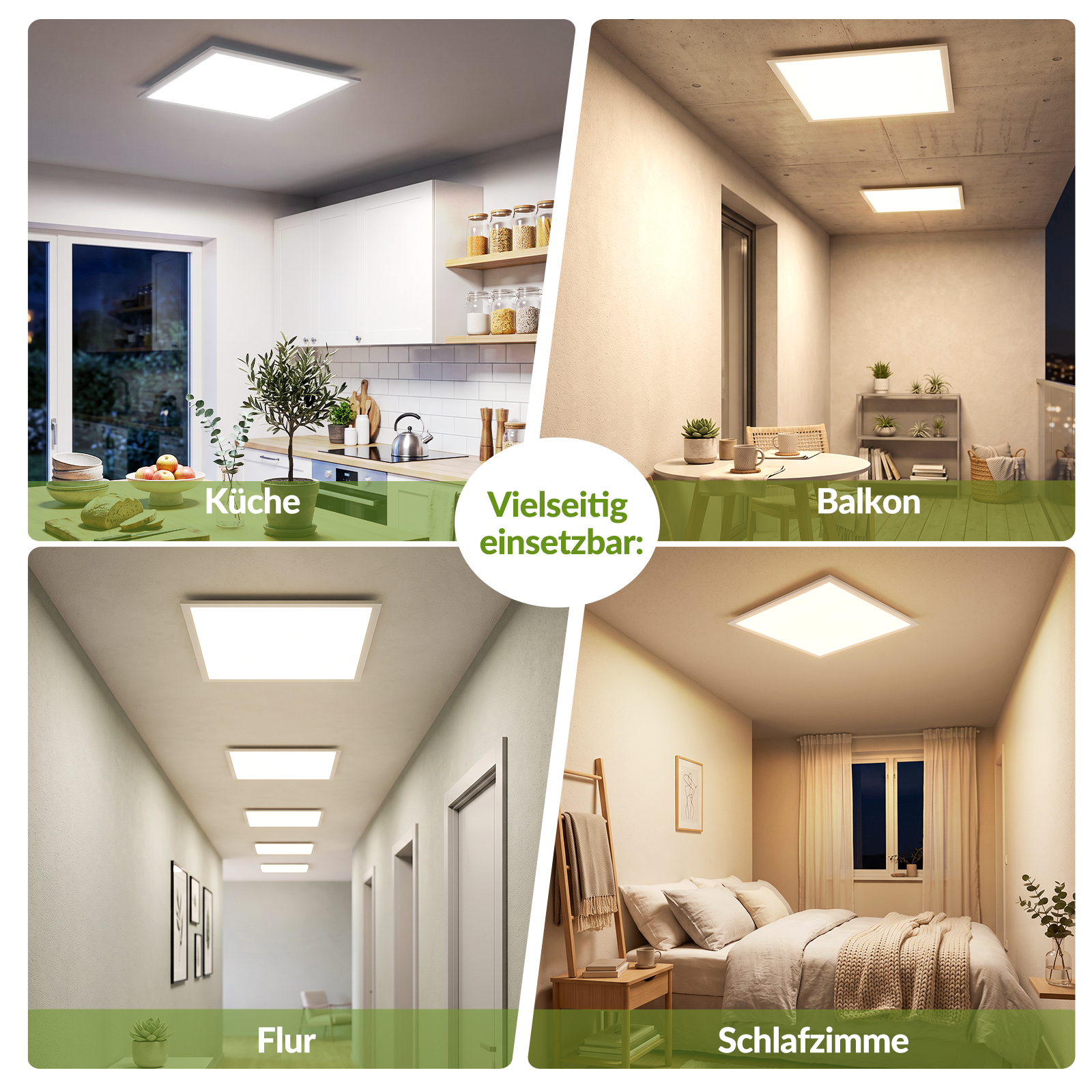 Cuatro imágenes muestran modernas luces LED de techo cuadradas en cocina, balcón, pasillo y dormitorio.