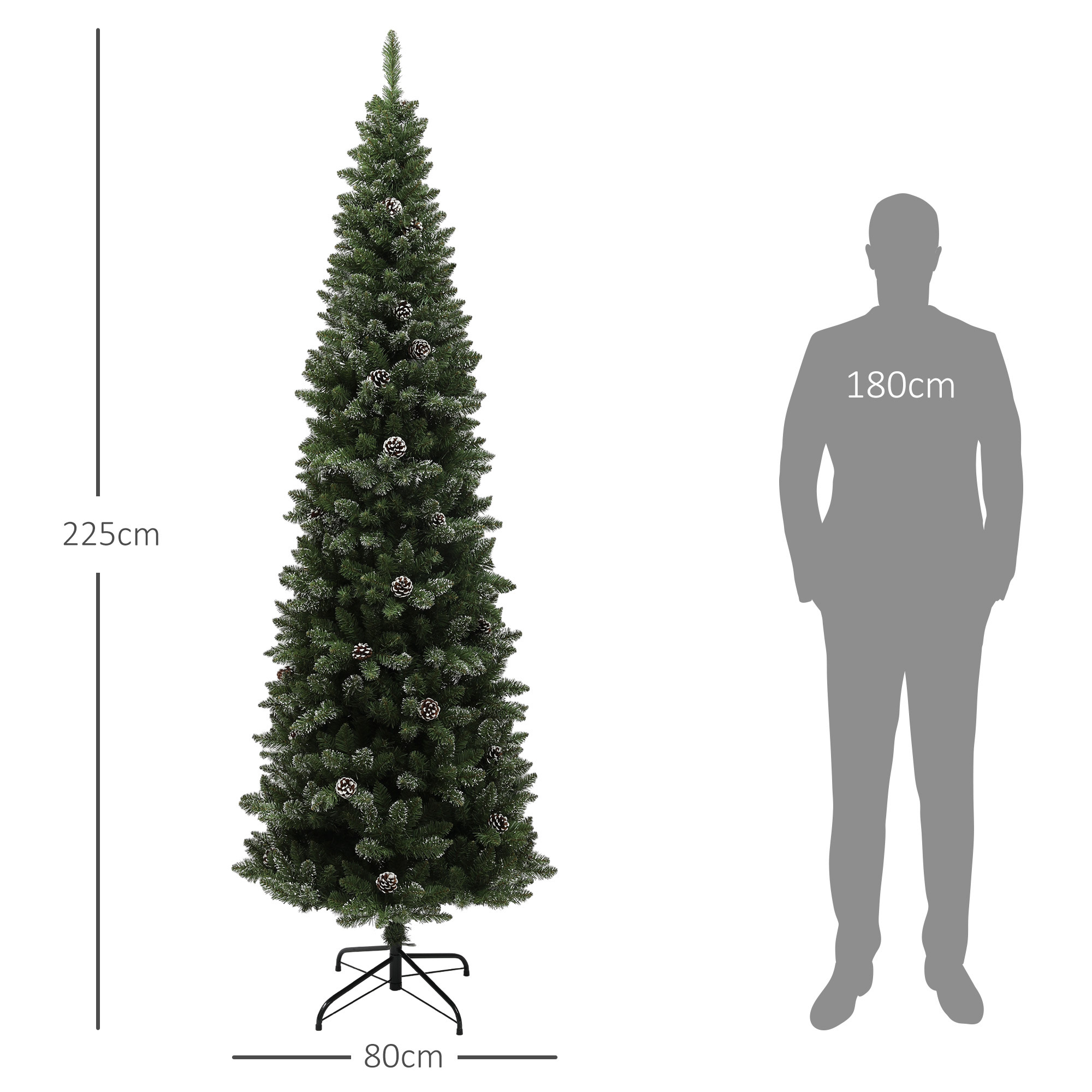 Árbol de Navidad artificial alto de 225 cm con piñas, comparado con una silueta humana de 180 cm sobre fondo blanco.