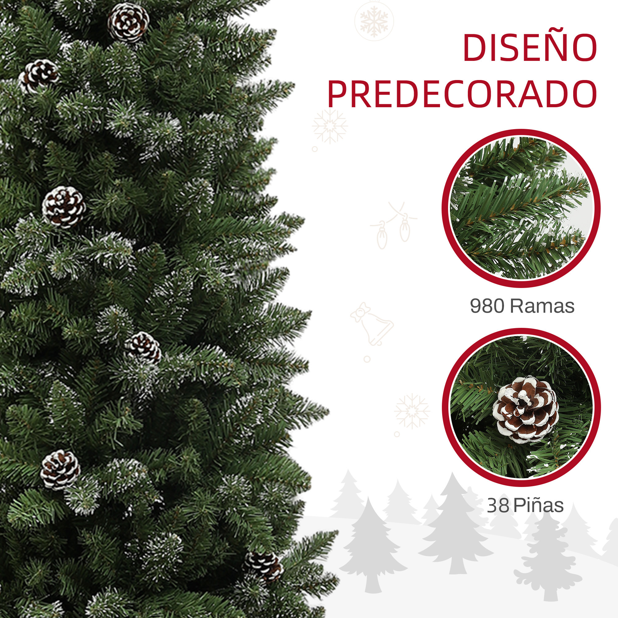 Árbol de Navidad artificial con nieve, piñas, 980 ramas y texto.