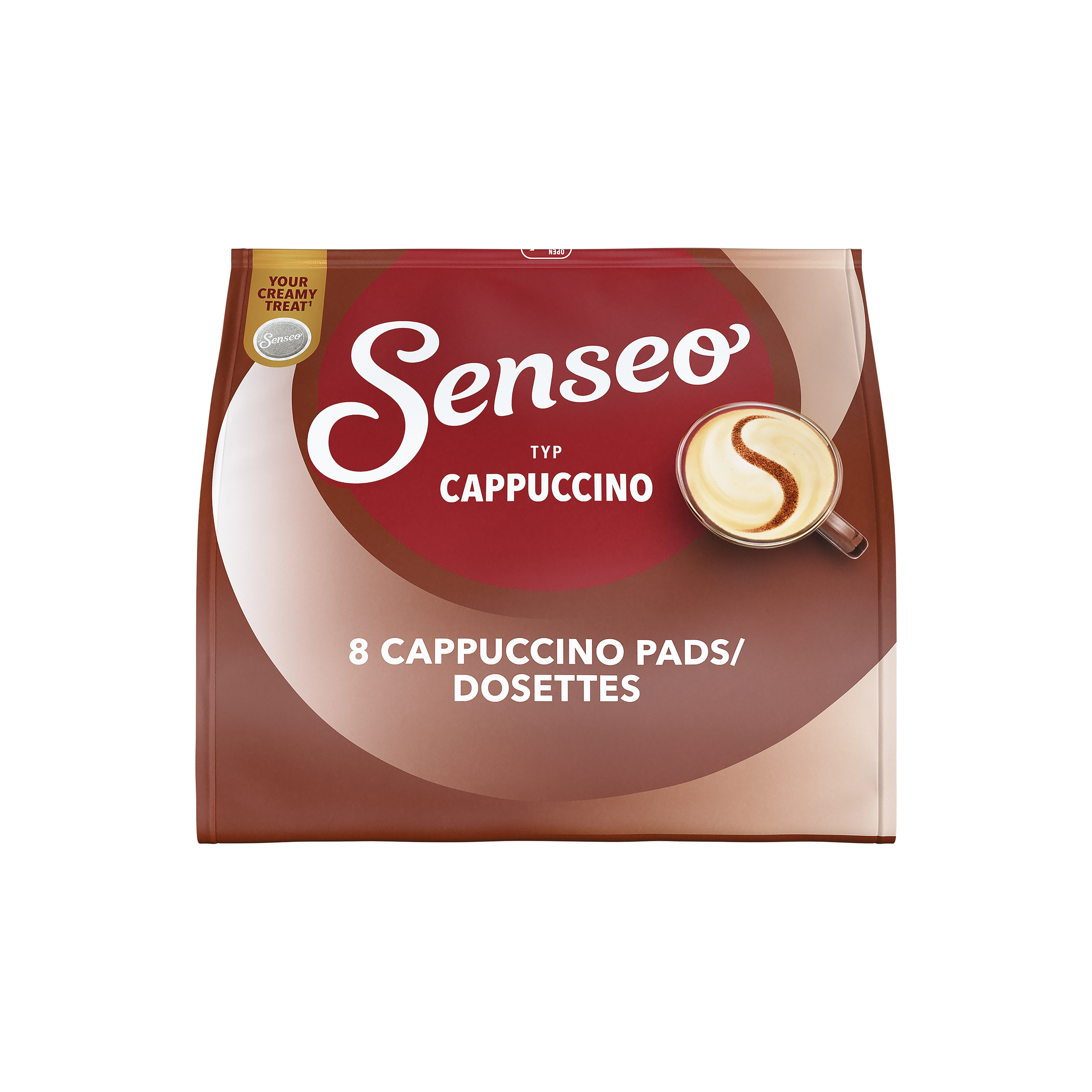 Eine Senseo Kaffeepads-Packung für Cappuccino in den Farben Braun und Rot.