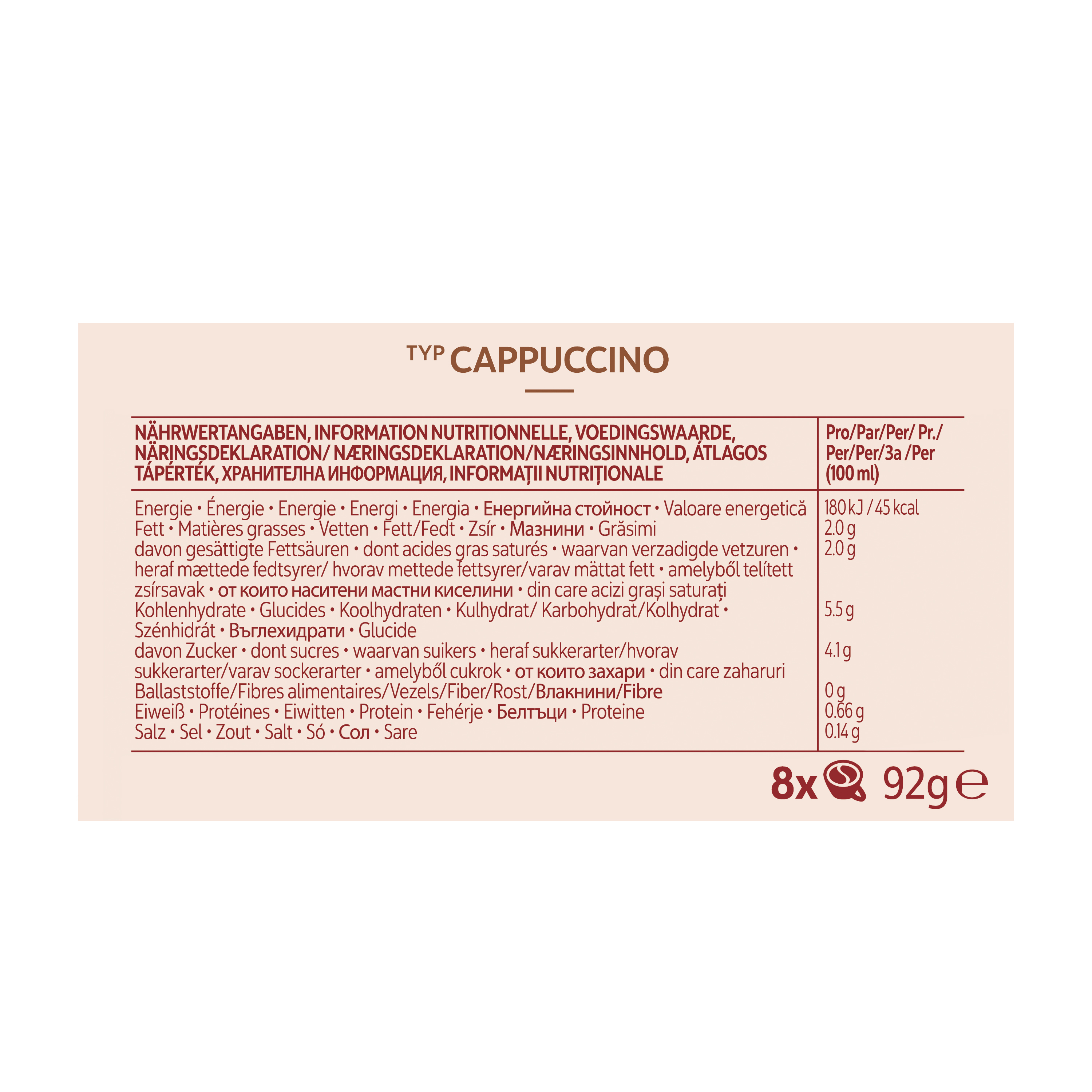 Nährwerttabelle für Cappuccino auf beigem Hintergrund mit detaillierten Angaben pro 100ml.
