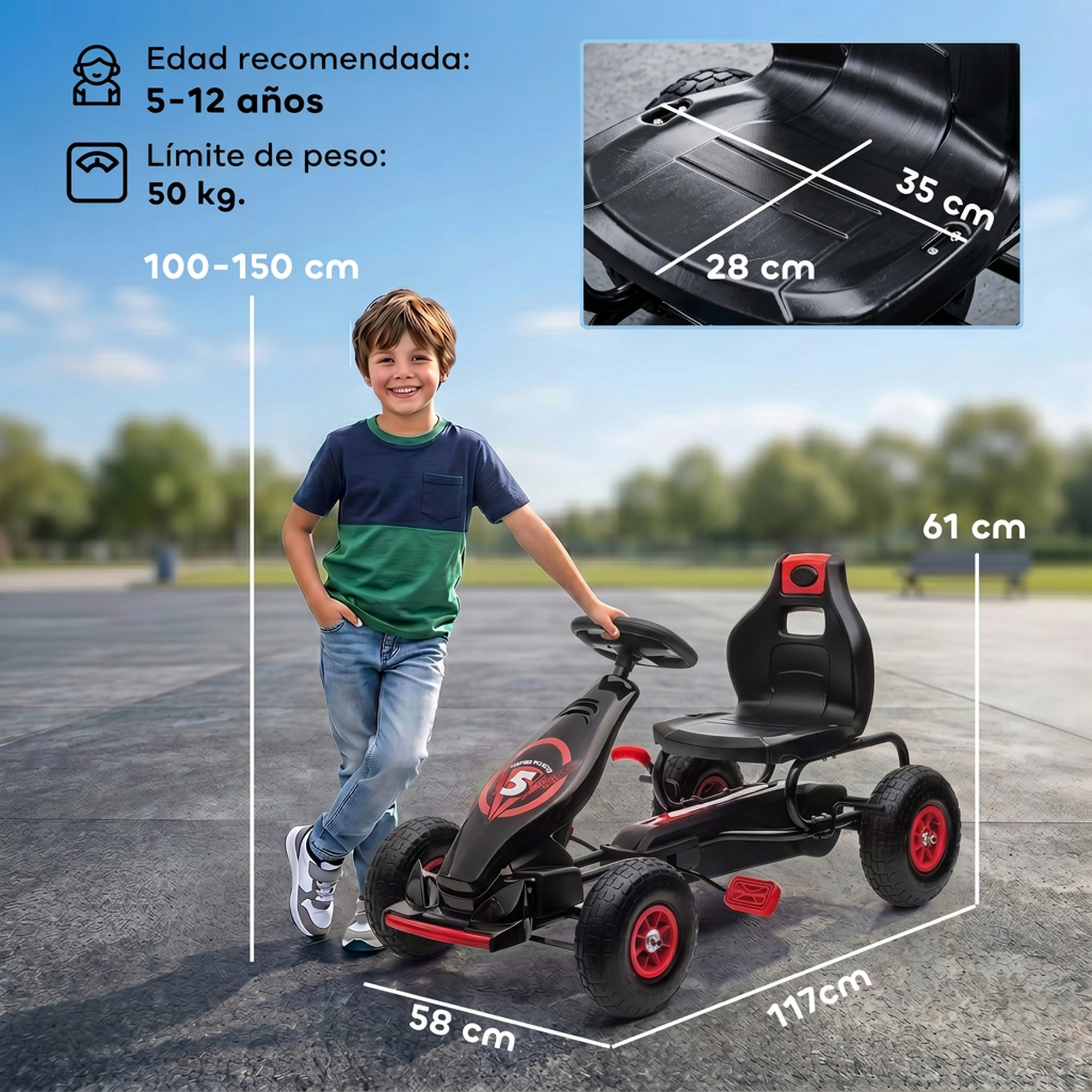 Un niño sonriente está junto a un kart negro, con medidas y especificaciones mostradas.