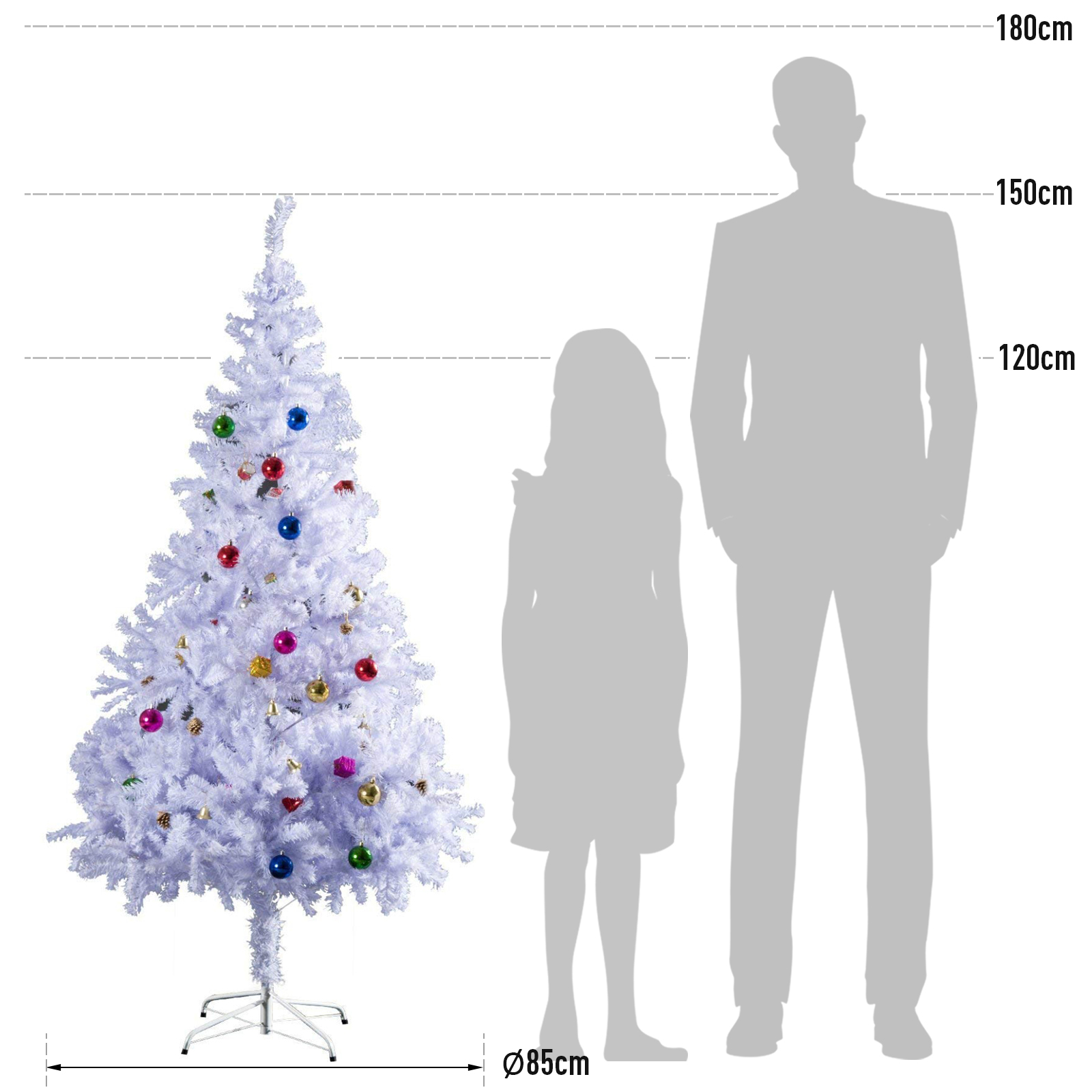 Árbol de Navidad blanco con adornos coloridos junto a siluetas de altura de niño y adulto con medidas.