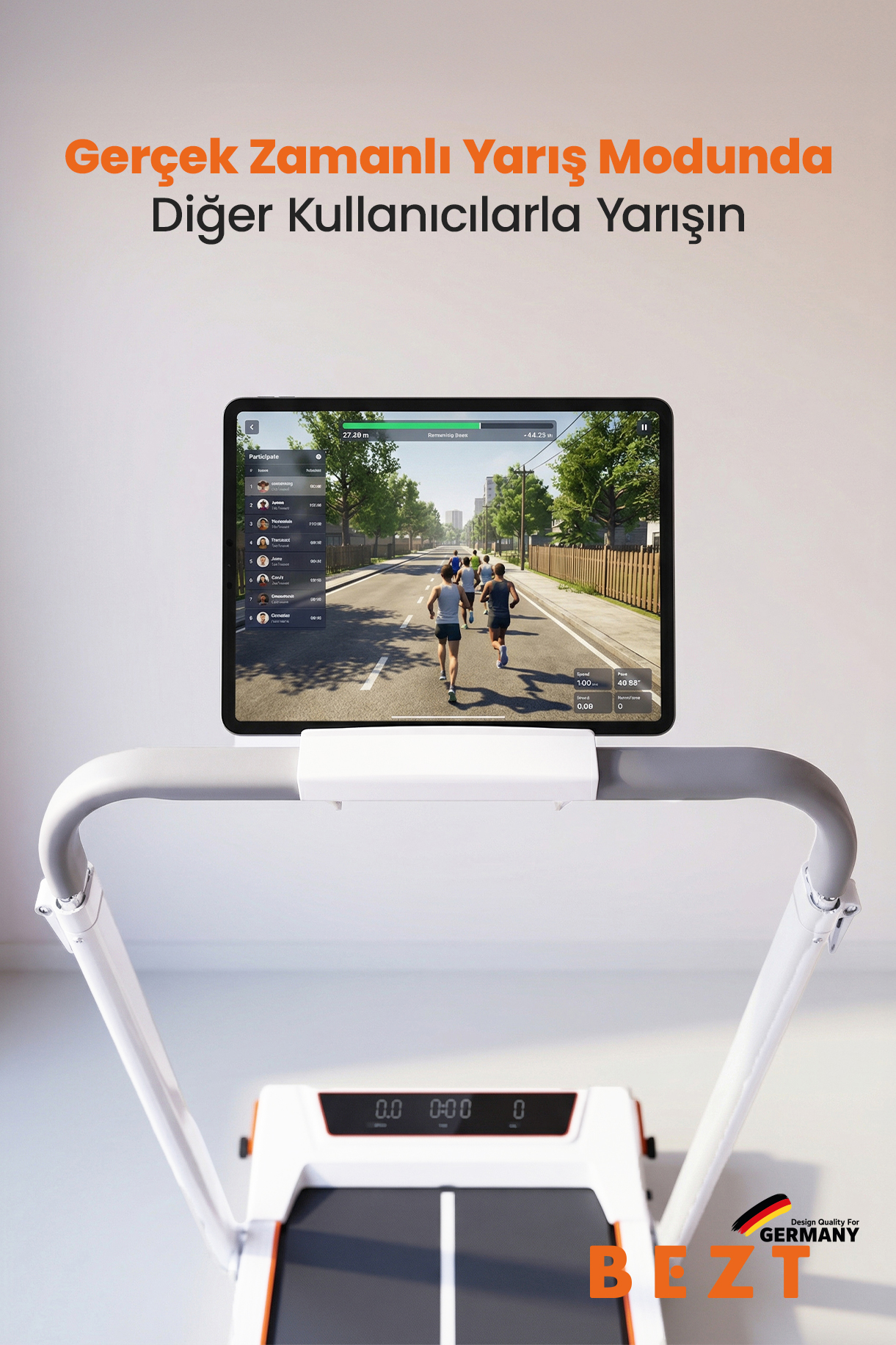 Koşu bandı üzerindeki tablet, diğer kullanıcılarla sanal açık hava koşu simülasyonunu gösterir.