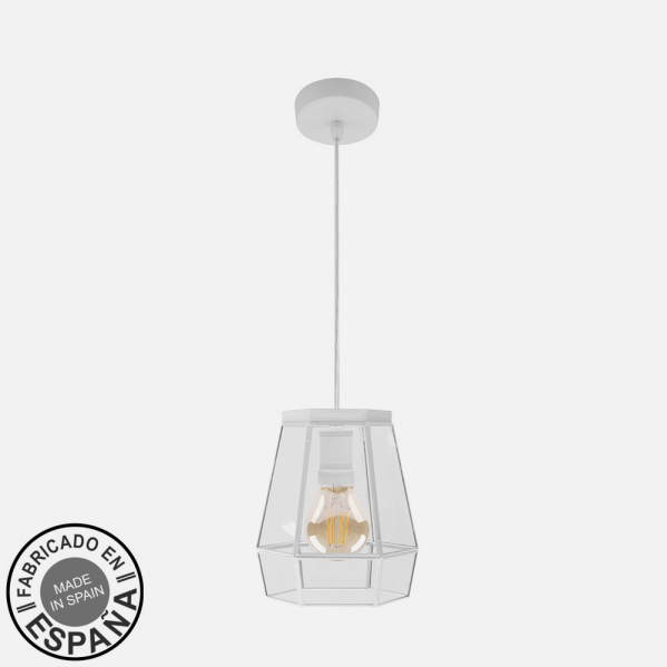 Una lámpara colgante blanca con pantalla de cristal geométrica y bombilla visible sobre fondo claro.