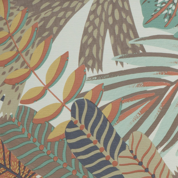 Patrón de hojas de la selva abstractas en verde, marrón, naranja y amarillo.