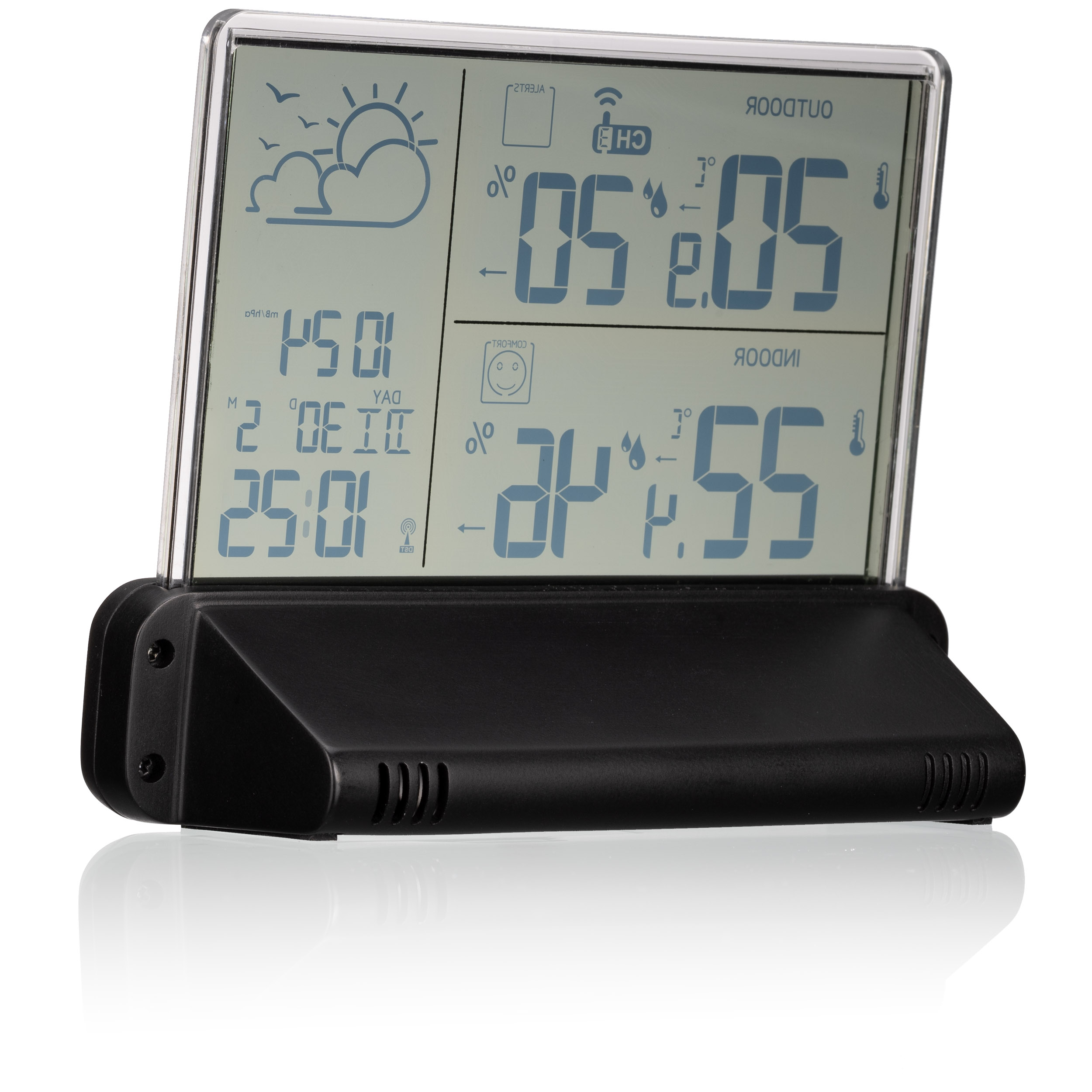 Un reloj de estación meteorológica digital en un soporte de plástico negro que muestra hora y temperatura.