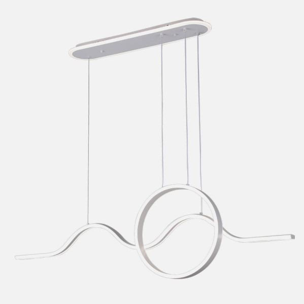 Lámpara colgante blanca moderna con elementos ondulados y un anillo central que cuelga de cables finos.