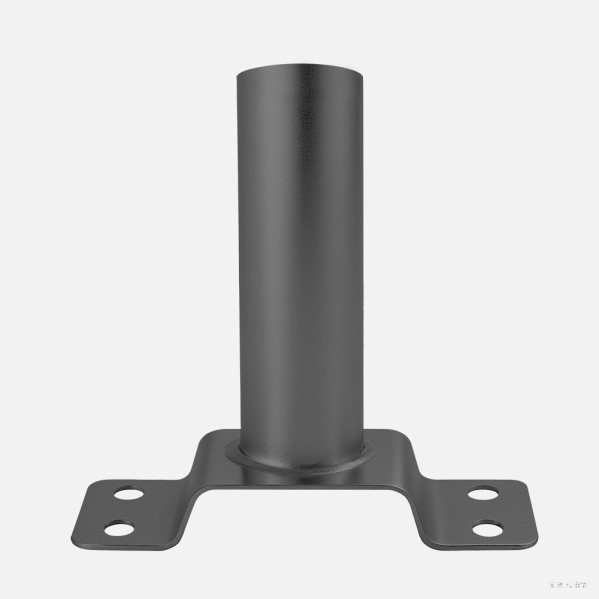 Un poste de metal negro con una placa base cuadrada y cuatro agujeros sobre un fondo claro.