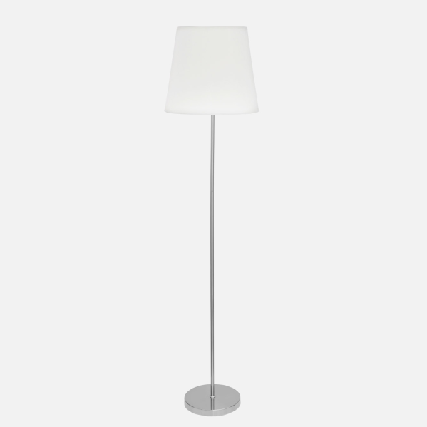 Lámpara de pie minimalista con soporte de metal delgado, base redonda y pantalla de tela blanca.