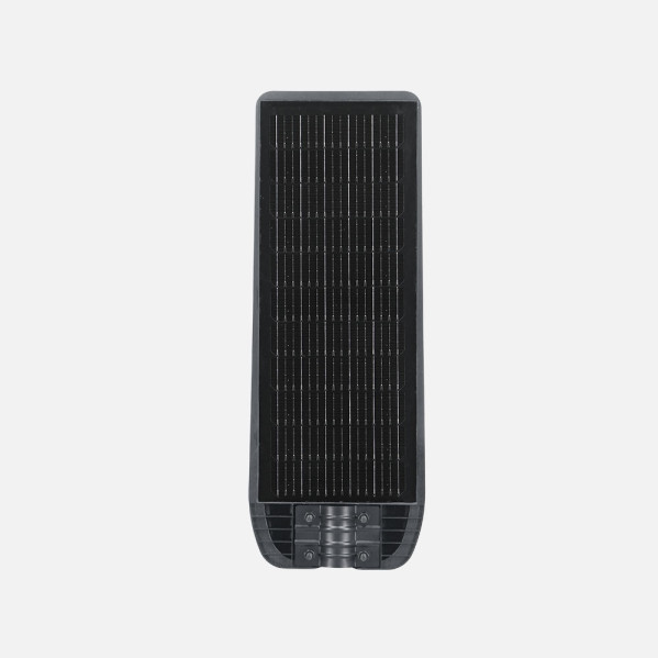Luminaria solar negra para alumbrado público con panel solar integrado.