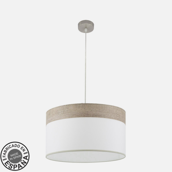 Una lámpara colgante con pantalla cilíndrica, cuerpo blanco y borde de madera.