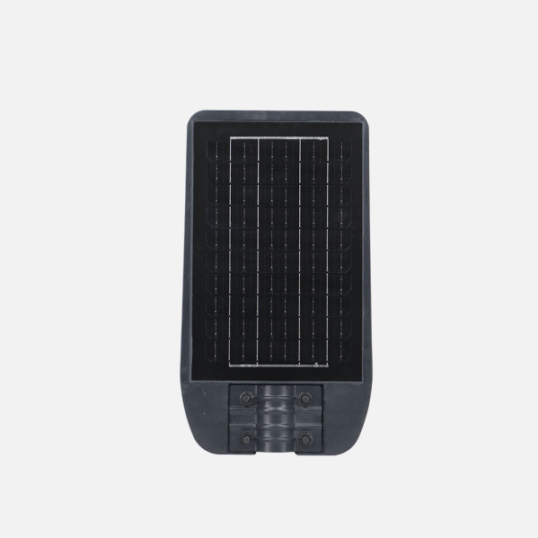 Panel solar negro con celdas integradas y soporte de montaje sobre fondo gris.