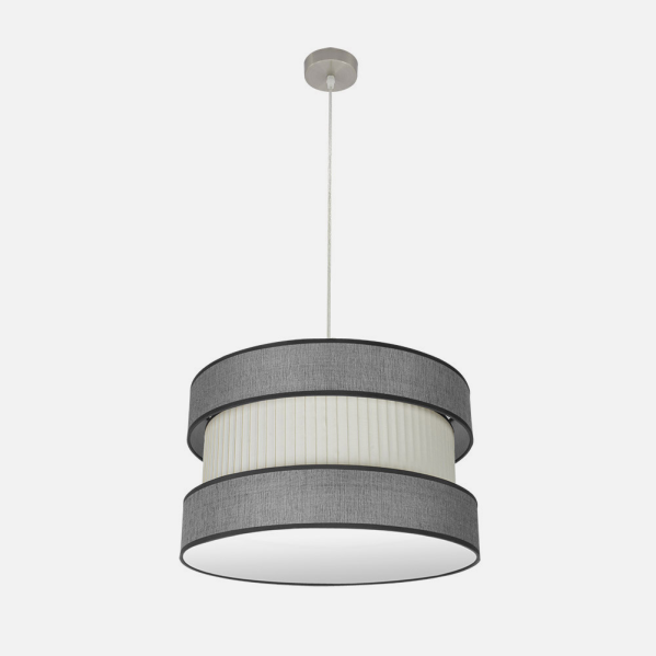 Lámpara colgante moderna con pantalla cilíndrica gris y blanca.