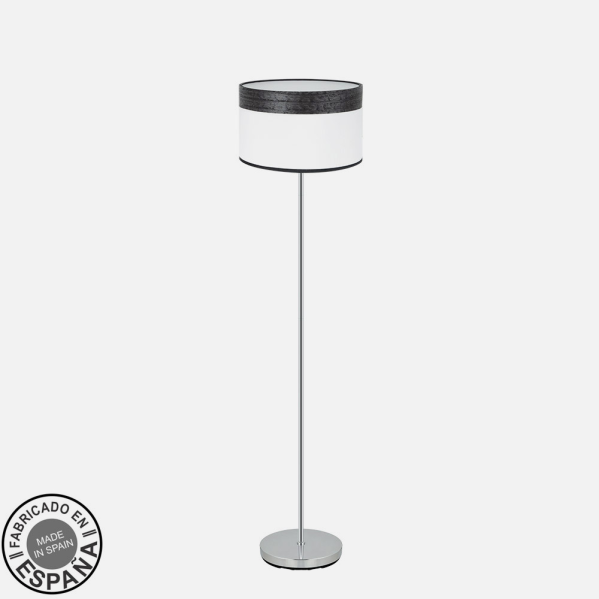Lámpara de pie moderna con soporte de metal, base redonda y pantalla cilíndrica con bandas blancas y oscuras.