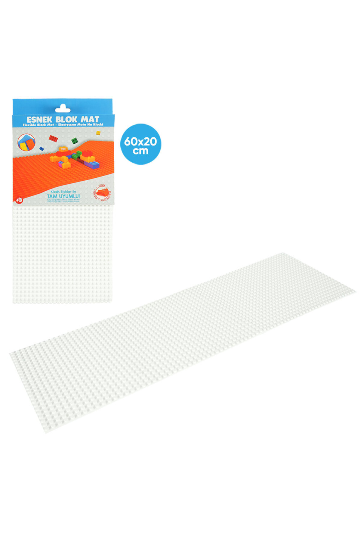 Beyaz arka planda mavi ambalajıyla 60x20 cm beyaz esnek blok matı.