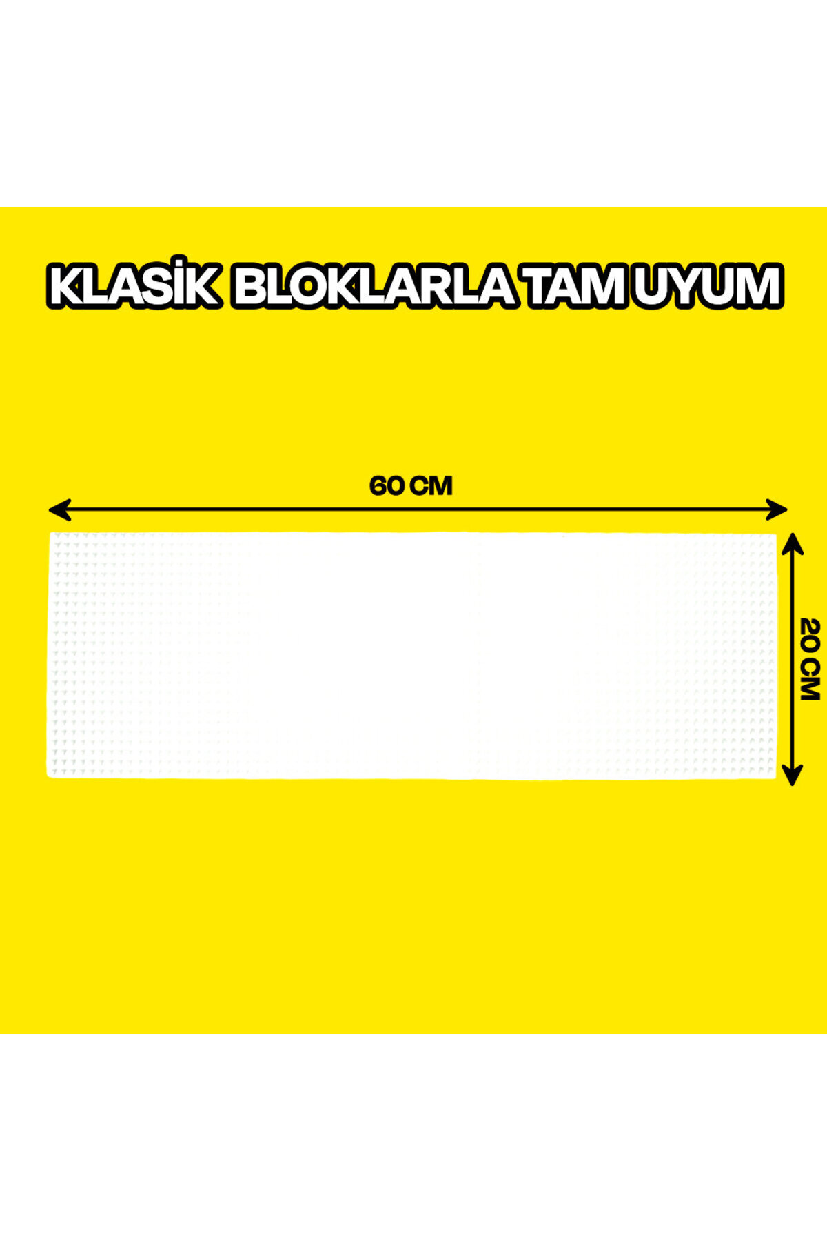 Sarı arka plan üzerinde 60x20 cm boyutlarında beyaz yapı blok tabanı ve Türkçe metin.