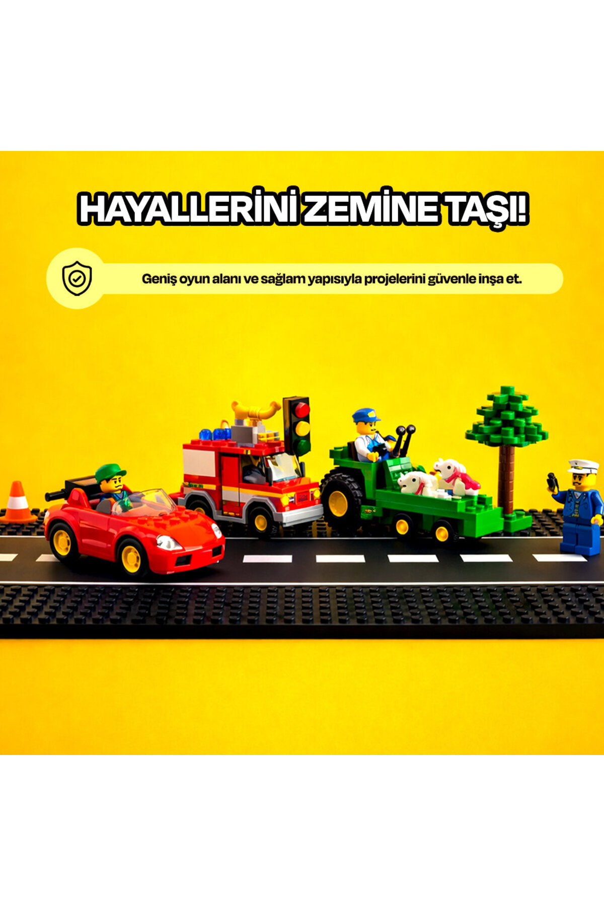Sarı arka plan önünde yol tabanı üzerinde Lego araçları ve figürleri.