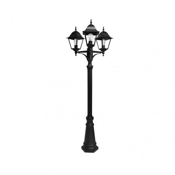 Una farola negra de tres cabezas con pantallas de vidrio sobre un fondo blanco.