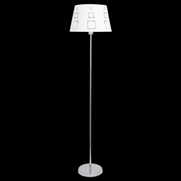 Lámpara de pie esbelta con varilla plateada y pantalla blanca estampada sobre un fondo negro sólido.