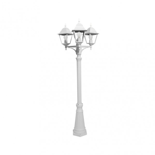 Una lámpara de jardín vintage blanca con tres cabezas de farol en un poste largo.