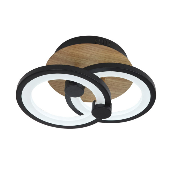 Lámpara de techo moderna con dos anillos LED blancos y negros entrelazados en base de madera.