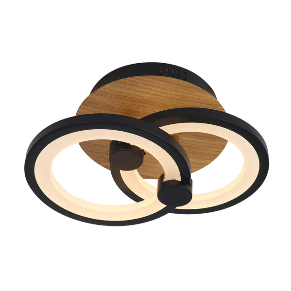Lámpara de techo moderna con base de madera y dos anillos negros iluminados.