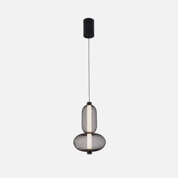 Una lámpara colgante negra con estructura de malla y elemento interior luminoso sobre fondo blanco.