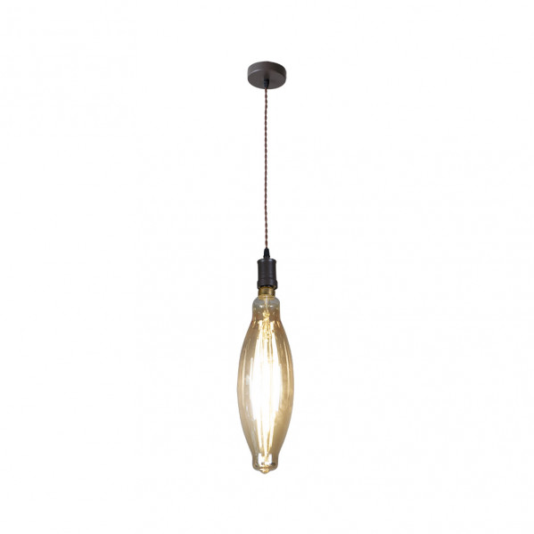 Una lámpara colgante con una bombilla Edison en forma de huso que cuelga de un cable oscuro sobre fondo blanco.