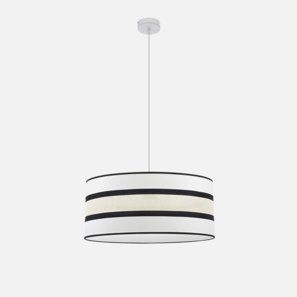 Lámpara de techo colgante con pantalla redonda de tela blanca y beige y rayas decorativas negras.