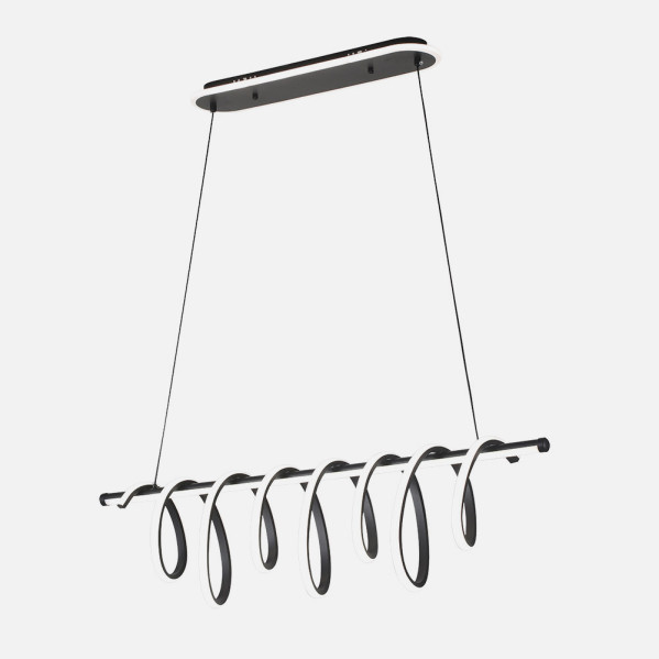Lámpara colgante moderna con diseño de espiral en blanco y negro, suspendida de una base rectangular por cables.