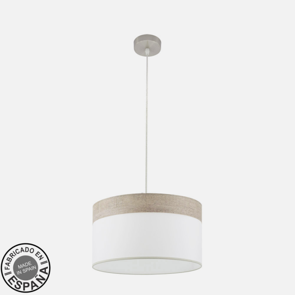 Lámpara colgante moderna con pantalla cilíndrica, parte inferior blanca y banda superior beige estampada sobre fondo liso.