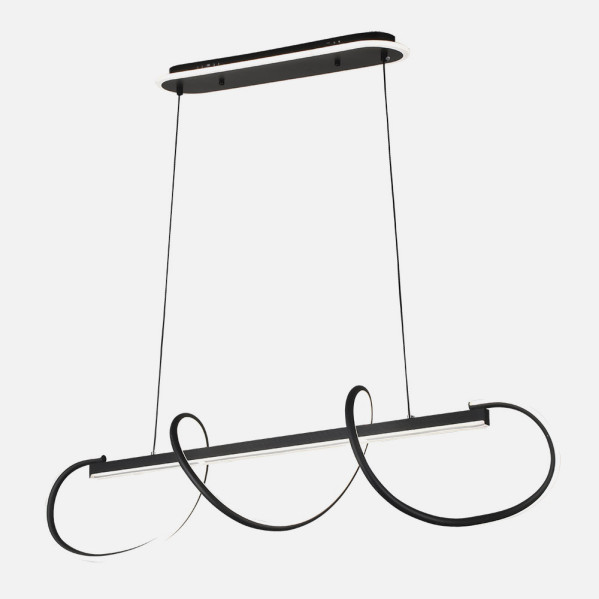 Moderna lámpara colgante LED negra con curvas ondulantes que cuelga de dos finos cables.