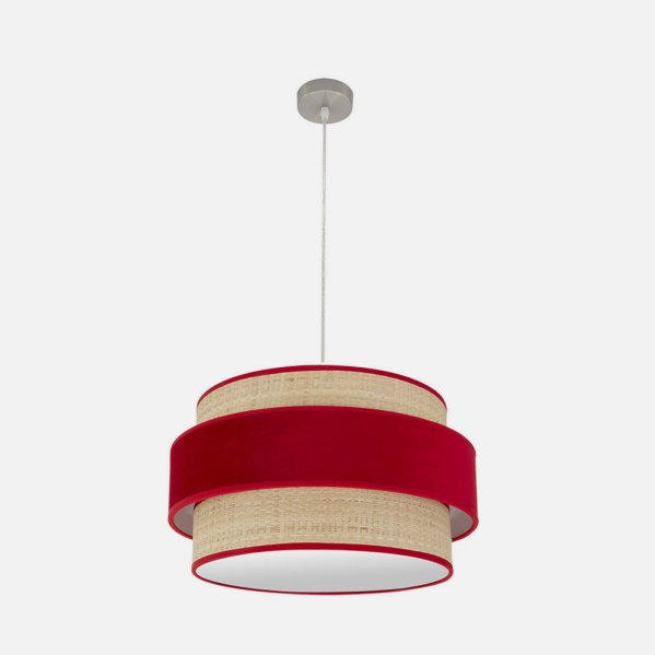 Lámpara colgante con pantalla beige escalonada y banda de terciopelo rojo.