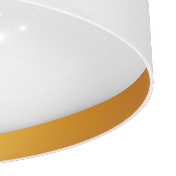 Pantalla cilíndrica blanca con banda interior dorada y difusor estrellado.