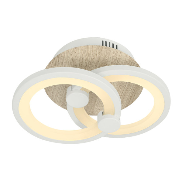 Lámpara de techo moderna con dos anillos circulares iluminados sobre una base de madera y blanca.