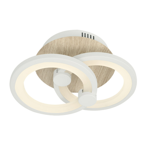 Lámpara de techo moderna con dos aros iluminados sobre una base de madera contra fondo blanco.