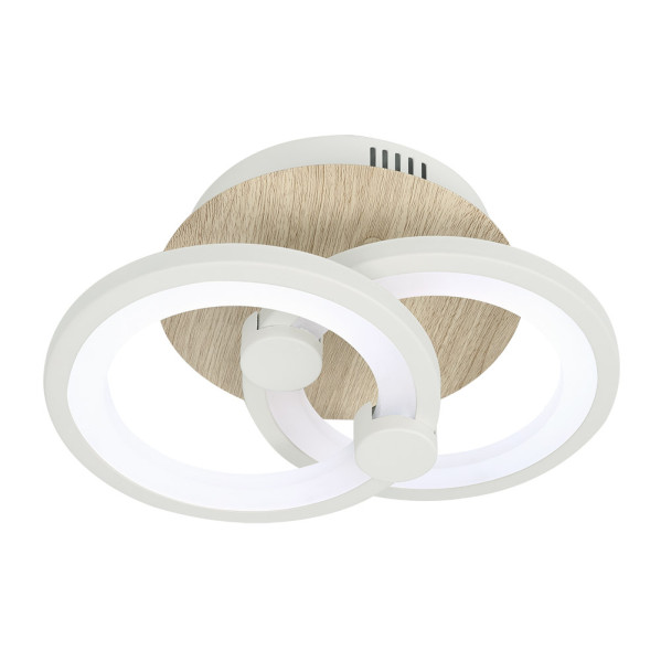 Lámpara de techo moderna con dos aros blancos luminosos y base con textura de madera sobre fondo blanco.