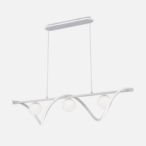 Lámpara colgante blanca moderna con tres luces esféricas y diseño de ondas sobre fondo claro.