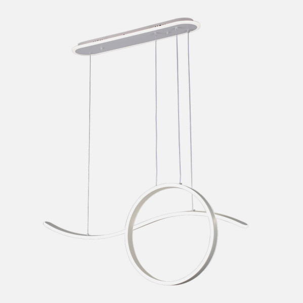 Moderna lámpara colgante blanca con una barra curva y un anillo colgante sujeto por cables delgados sobre fondo claro.