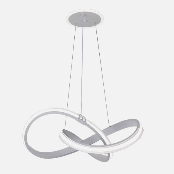 Moderna lámpara colgante con aros de luz LED entrelazados en cables plateados sobre fondo blanco.